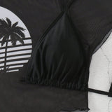 Camiseta Recortada Con Estampado De Arbol De Coco Para Mujer Y Conjunto De Parte Superior E Inferior De Bikini Con Cuello Halter, Traje De Bano Festival De Musica