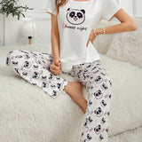 Conjunto De Pijama De Manga Corta Para Mujer Con Diseno De Panda Y Letras Impresas Y Pantalones Largos