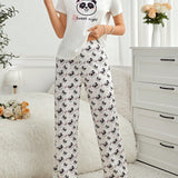 Conjunto De Pijama De Manga Corta Para Mujer Con Diseno De Panda Y Letras Impresas Y Pantalones Largos