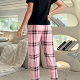 Conjunto De Pijama Para Mujer Con Pantalon De Cuadros, Mangas Cortas Y Estampado De Letras