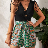 VCAY Summer Beach Women'S Floral Print V-Neck Sleeveless Romper With Belt