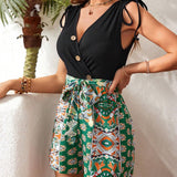 VCAY Summer Beach Women'S Floral Print V-Neck Sleeveless Romper With Belt