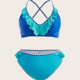 Swim Curve Traje De Bano Separado Con Cuello Halter Y Bloques De Color De Talla Grande Con Dobladillo Con Volantes