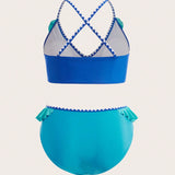 Swim Curve Traje De Bano Separado Con Cuello Halter Y Bloques De Color De Talla Grande Con Dobladillo Con Volantes