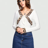 ROMWE J-Fashion Chaqueta Lady Sexy Estilo Shibuya Con Estampado De Piel De Leopardo Y Rayas