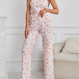 Conjunto De Pijama De Camisola De Tirantes Y Pantalones Largos Para Mujer Con Estampado De Fresas