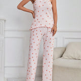Conjunto De Pijama De Camisola De Tirantes Y Pantalones Largos Para Mujer Con Estampado De Fresas