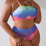 Swim Curve Conjunto De Bikini De Talla Grande Con Brillo Y Degradado De Bloques De Color