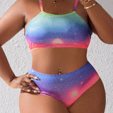 Swim Curve Conjunto De Bikini De Talla Grande Con Brillo Y Degradado De Bloques De Color