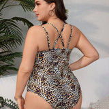 Swim Curve Bikini Con Estampado De Leopardo Para Mujeres De Talla Grande, Estilo De Chaleco