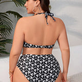 Swim Curve Traje De Bano Con Cuello Halter Y Estampado Geometrico Para Mujer Talla Grande