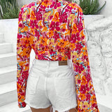 VCAY Blusa De Encaje De Parche Floral Impreso Para Mujer