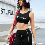 Street Sport Conjunto De Tanque De Manga Corta Con Impresion De Letras Para Mujer Y Pantalones Cortos Deportivos Con Bordes Contrastantes