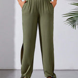 Tall Pantalones De Mujer Con Cintura Elastica Y Punos Acanalados De Color Puro