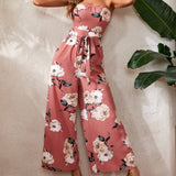 VCAY Floral Print Vacation Strapless Jumpsuit