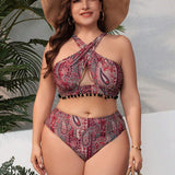 Swim BohoFeel Conjunto De Bikini Cruzado Halter Con Estampado De Paisley De Talla Grande Y Borlas Decorativas