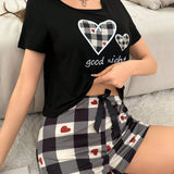 Conjunto De Pijama De Manga Corta Para Mujer Con Estampado De Corazon