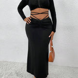 ICON Plus Size Crossed Front Knotted Back Bodycon Skirt