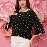 Blusa De Manga Con Volantes De Lunares Para Mujeres De a Grande