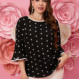 Blusa De Manga Con Volantes De Lunares Para Mujeres De a Grande