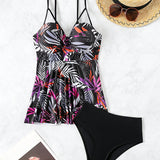 Swim Vcay Conjunto de tankini estampado tropical con top de tanque con tirantes y soporte y braguita triangular para festival de musica