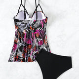 Swim Vcay Conjunto de tankini estampado tropical con top de tanque con tirantes y soporte y braguita triangular para festival de musica