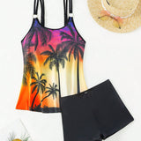 Swim Lushore Conjunto de tankini con estampado de arbol de coco de top sin mangas y shorts para el Carnaval