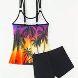 Swim Lushore Conjunto de tankini con estampado de arbol de coco de top sin mangas y shorts para el Carnaval