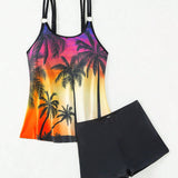 Swim Lushore Conjunto de tankini con estampado de arbol de coco de top sin mangas y shorts para el Carnaval