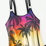 Swim Lushore Conjunto de tankini con estampado de arbol de coco de top sin mangas y shorts para el Carnaval