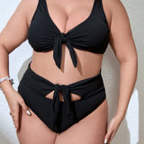 Swim Curve Conjunto De Traje De Bano De Talla Grande Para Mujer Con Diseno De Nudo De Color Solido