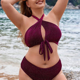 Swim Curve Traje De Bano Dividido Con Cuello Cruzado Brillante Para Mujer De Talla Grande