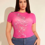 Camiseta Crop De Manga Corta De Cuello Redondo De Malla Apretada Y Decoracion De Diamantes De Imitacion Rosados Para Mujer De a Grande