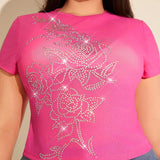 Camiseta Crop De Manga Corta De Cuello Redondo De Malla Apretada Y Decoracion De Diamantes De Imitacion Rosados Para Mujer De a Grande