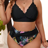 Swim Curve Conjunto De Bikini Para Mujer De Talla Grande Con Top De Tirantes Espaguetis Con Cuello En V Y Nudo Delantero Impreso Con Detalles De Remiendos Para Carnaval