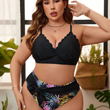 Swim Curve Conjunto De Bikini Para Mujer De Talla Grande Con Top De Tirantes Espaguetis Con Cuello En V Y Nudo Delantero Impreso Con Detalles De Remiendos Para Carnaval