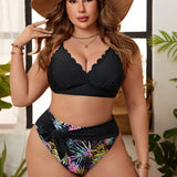 Swim Curve Conjunto De Bikini Para Mujer De Talla Grande Con Top De Tirantes Espaguetis Con Cuello En V Y Nudo Delantero Impreso Con Detalles De Remiendos Para Carnaval