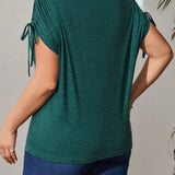 EMERY ROSE Plus Size Women'S Shoulder Drawstring V-Neck Green T-Shirt For Spring
