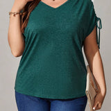 EMERY ROSE Plus Size Women'S Shoulder Drawstring V-Neck Green T-Shirt For Spring