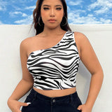 Coolane Camiseta Plus De Talla Grande Con Estampado De Cebra Y Un Hombro Para Mujer