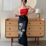 EastFlair Conjunto de blusa de tirantes solida de estilo chino para mujer y falda floral para fiestas, Ano Nuevo chino y citas del Dia de San Valentin