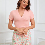 Conjunto De Pijama Para Mujeres Con Top De Cuello En V De Color Solido Para San Valentin Y Pantalones De Estampado De Tv Y Flores