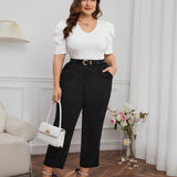 Prive Plus Size Spring/Summer Simple Yet Elegant Slim-Fit Puff Sleeve Solid T-Shirt, Perfect For Going Out