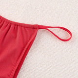 2 Piezas / Conjunto Bikini Triangular Acanalado Rojo Con Detalles De Tiras Y Calzoncillos De Bano