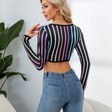 Essnce Cardigan Corto Con Rayas Verticales Para Mujeres Con Frente Abierto