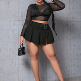 SXY Plus Size Buckle Belted Slit Hem Pleated Skirt