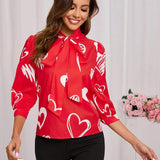 Camisa Roja De Mujeres Con Corbata De Cuell Oimpresa Con Corazones