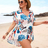 Camisa De a Grande Con Estampado De Plantas Tropicales Para Mujeres Con Dobladillo Alto-bajo Para Vacaciones, Camisa Abotonada De Verano Para Mujeres