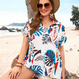 Camisa De a Grande Con Estampado De Plantas Tropicales Para Mujeres Con Dobladillo Alto-bajo Para Vacaciones, Camisa Abotonada De Verano Para Mujeres