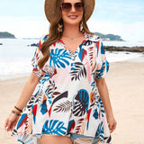 Camisa De a Grande Con Estampado De Plantas Tropicales Para Mujeres Con Dobladillo Alto-bajo Para Vacaciones, Camisa Abotonada De Verano Para Mujeres